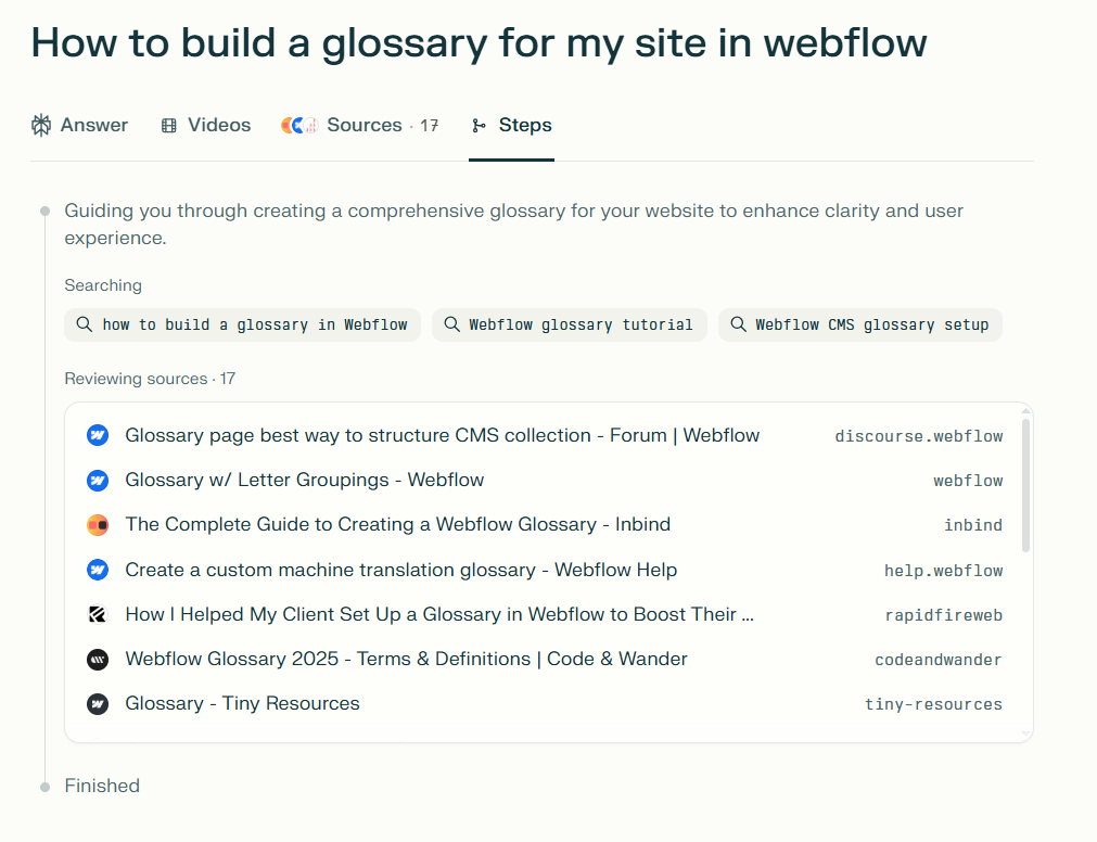 AI-powered search interface showing steps to build a glossary in Webflow, with a list of reviewed sources and search queries