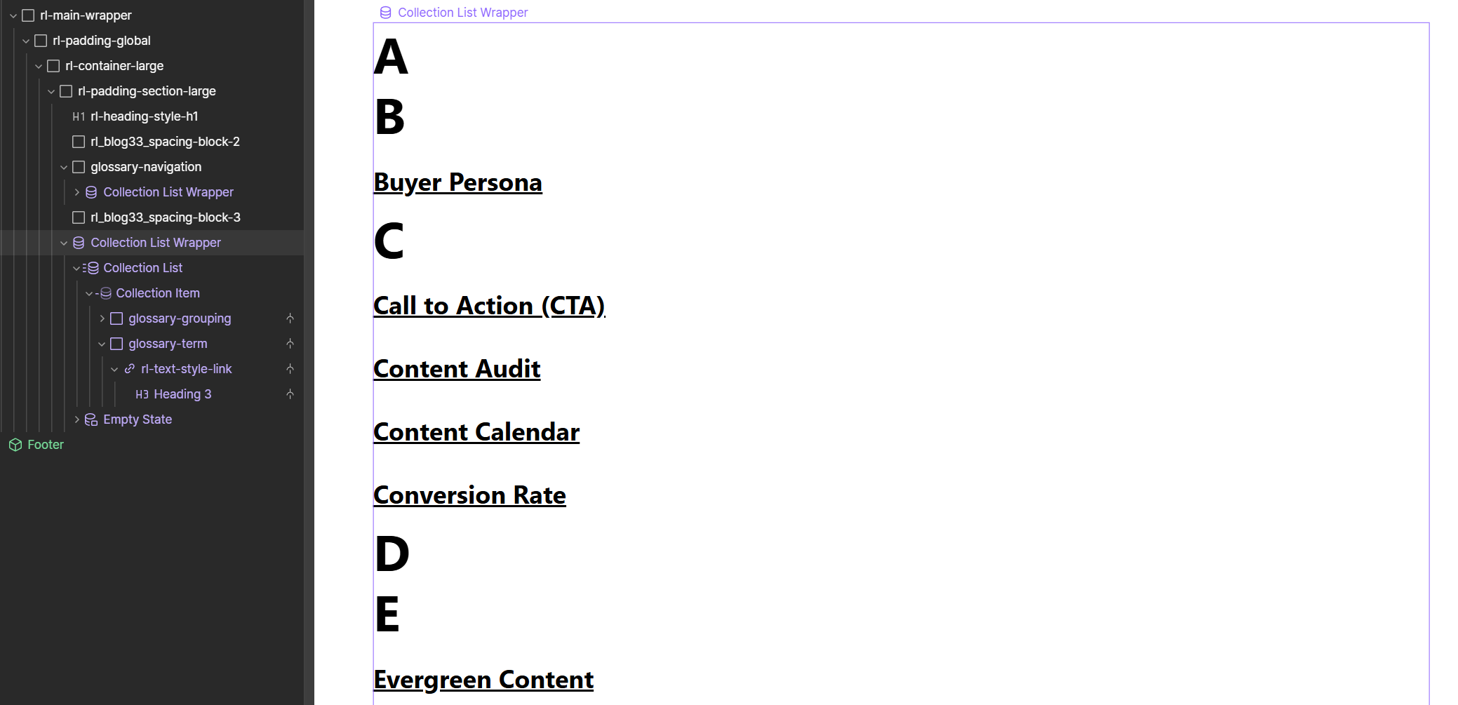 Glossary with terms and alphabet in Webflow