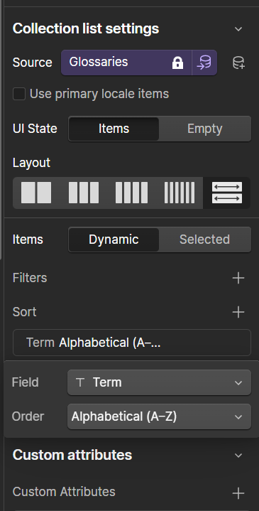 Collection list settings in Webflow for Glossary