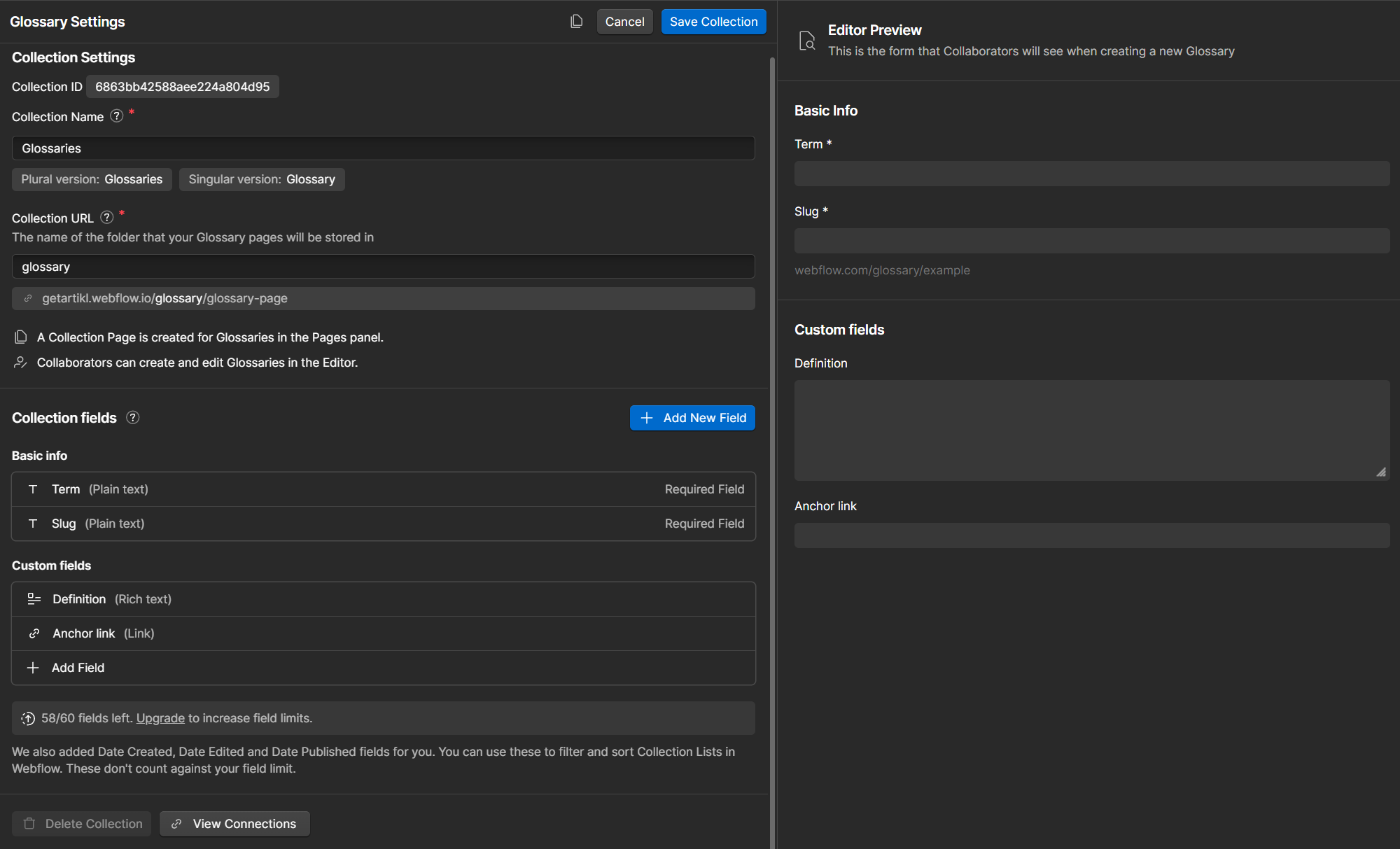 Webflow collection settings for Glossary