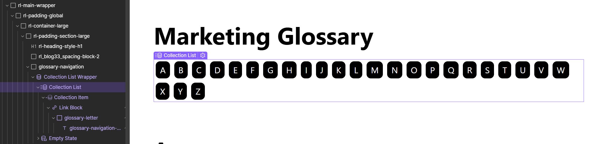 Alphabet navigation for Glossary in Webflow