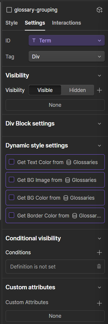 Glossary grouping div visibility settings in Webflow