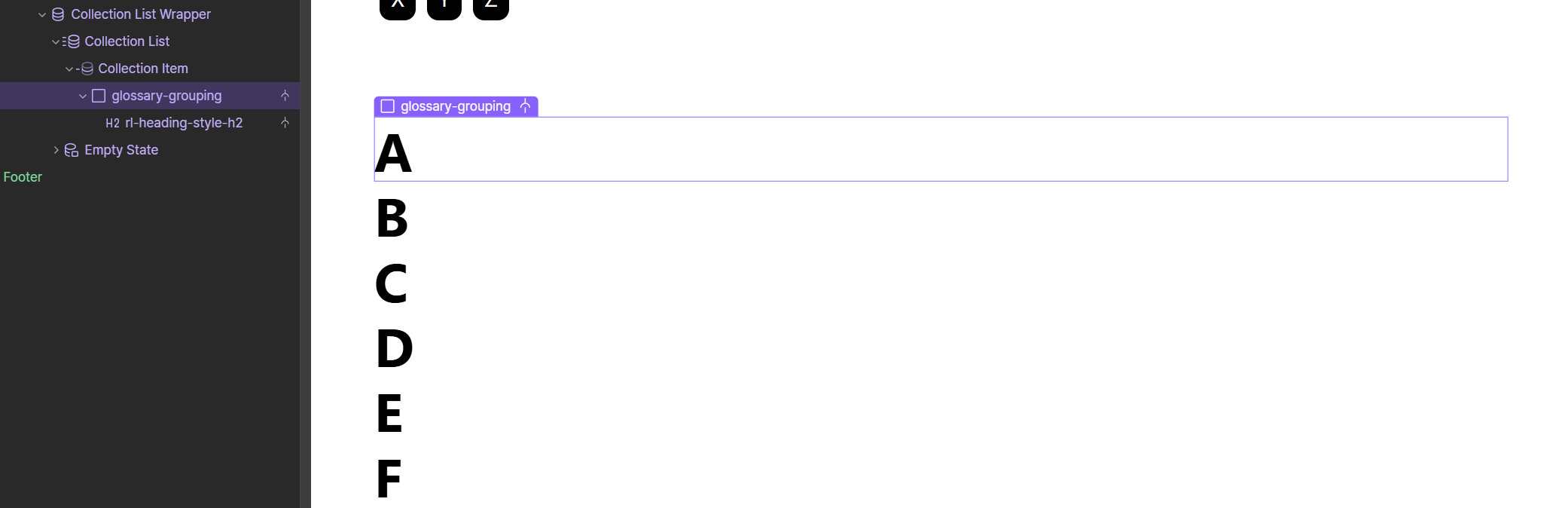 Alphabetical list for Glossary in Webflow