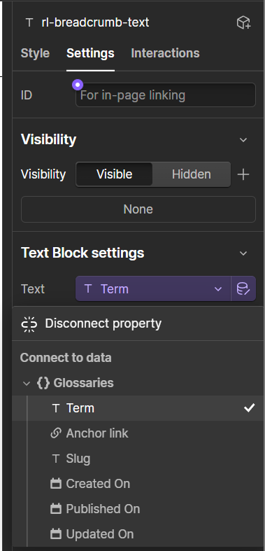 Link settings for Glossary breadcrumb link in Webflow