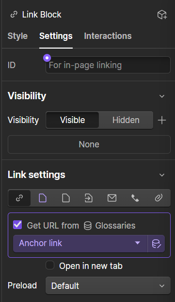 Link settings for Anchor link in Webflow