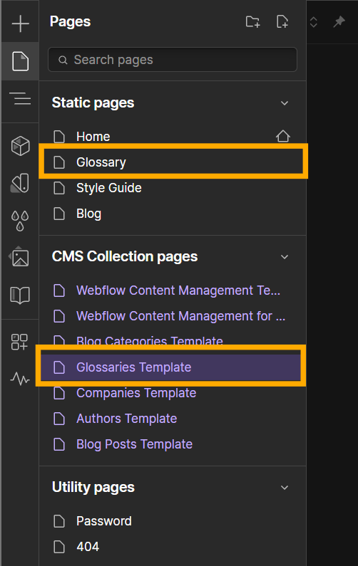 Static page and Glossaries template page in Webflow